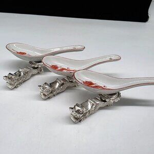 Japanese Porcelain Spoons With Silverplated Dragon Rest Design Set of 3